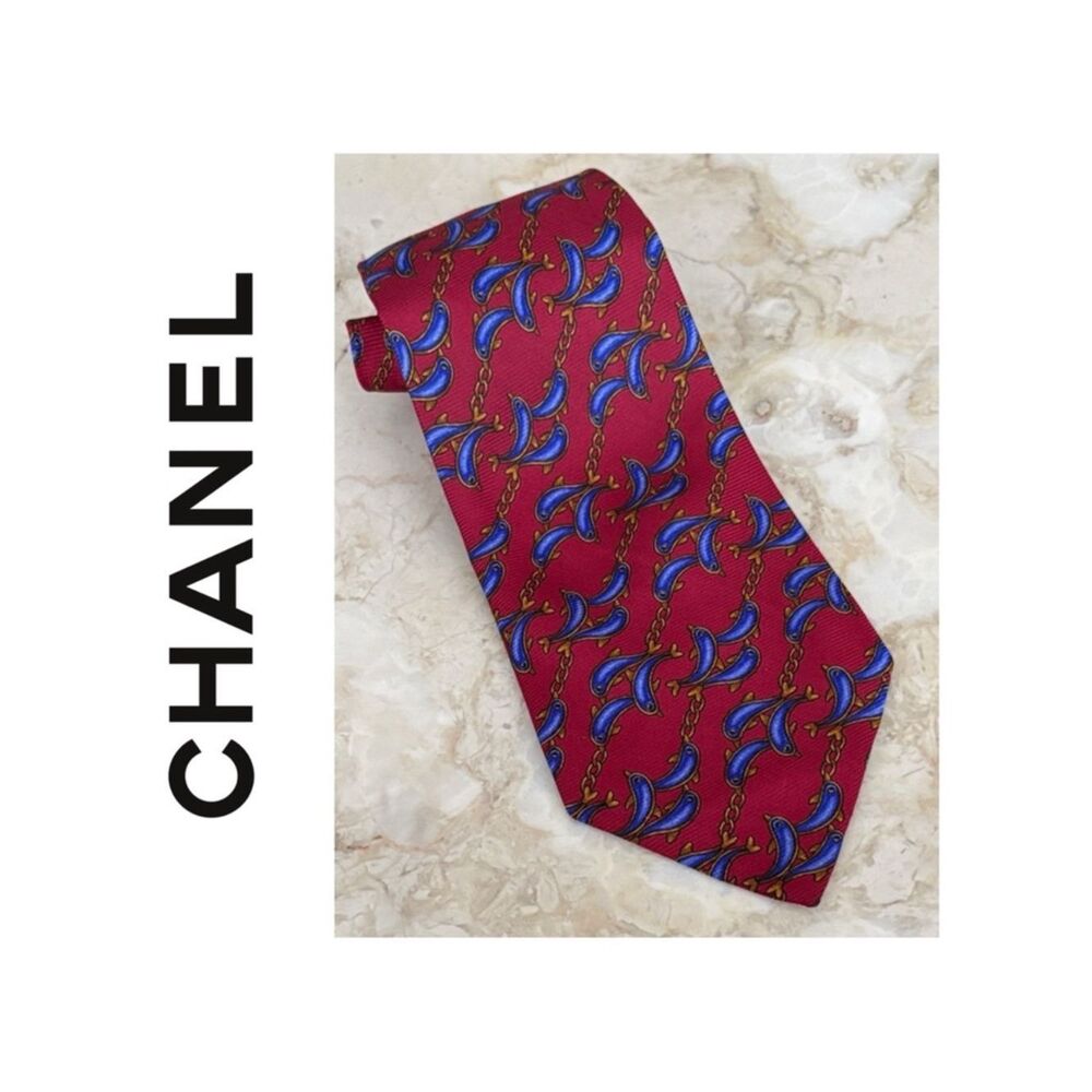 CHANEL Dolphin Pattern 100% Silk Tie Multi-Colour Authentic Luxury